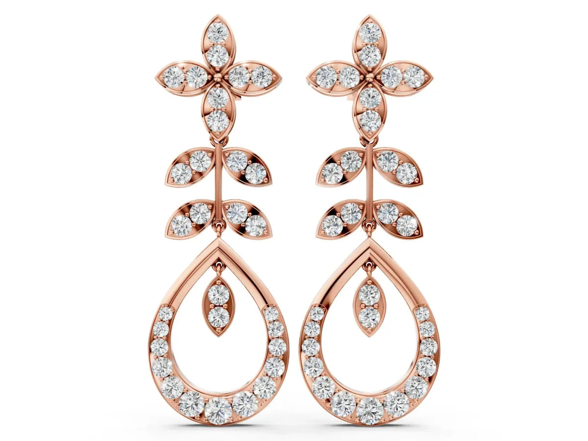 Marquise and Round Diamond Sparkling Dewdrop Drop Earrings Rose gold