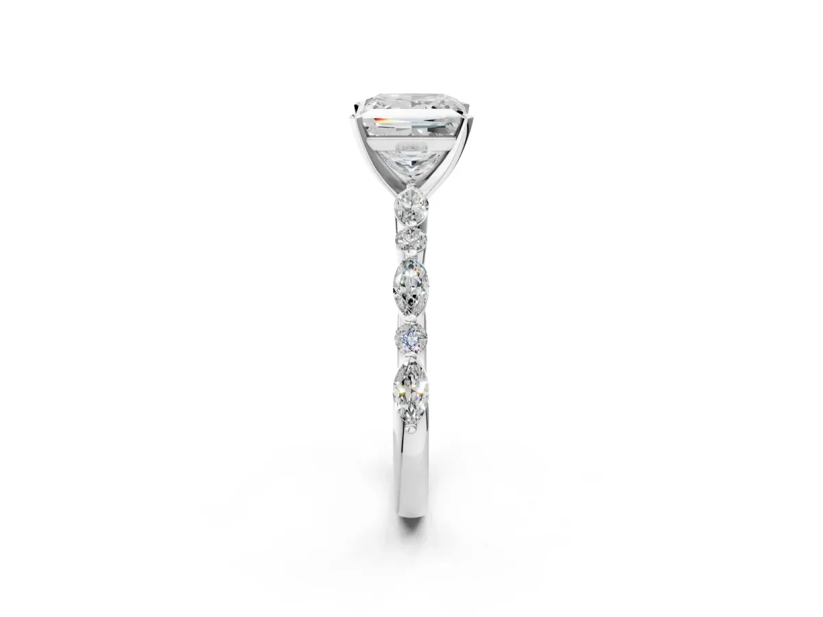 Princess Cut Diamond Ring with Marquise and Round Side Stones and Four-Prong Setting Silver