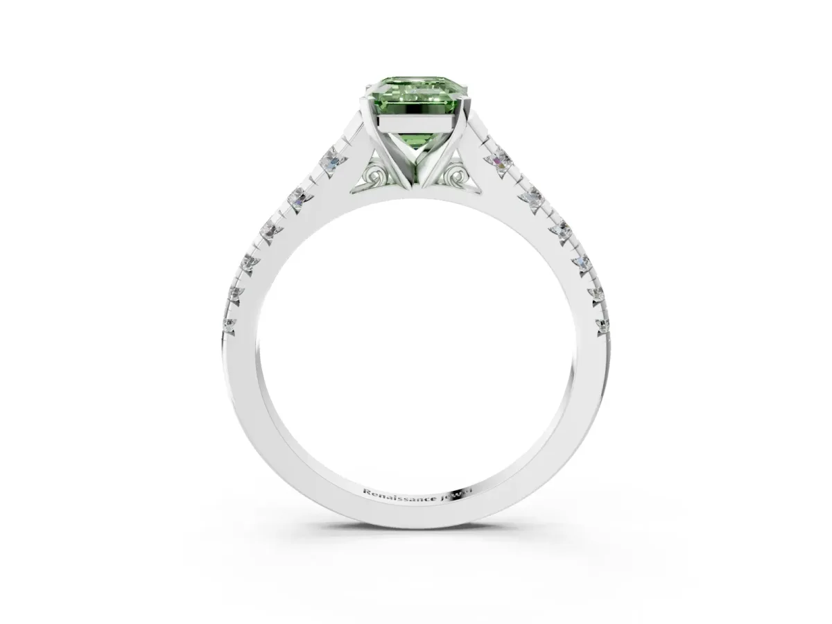 Fancy Green Emerald Cut Diamond Cathedral Solitaire Ring with Round Pavé Band Silver