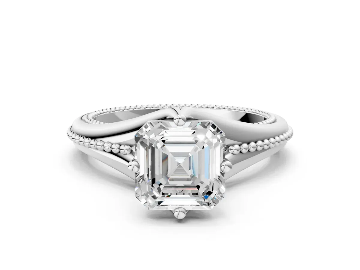 Asscher Cut Solitaire Beaded Band Six-Prong Setting Platinum