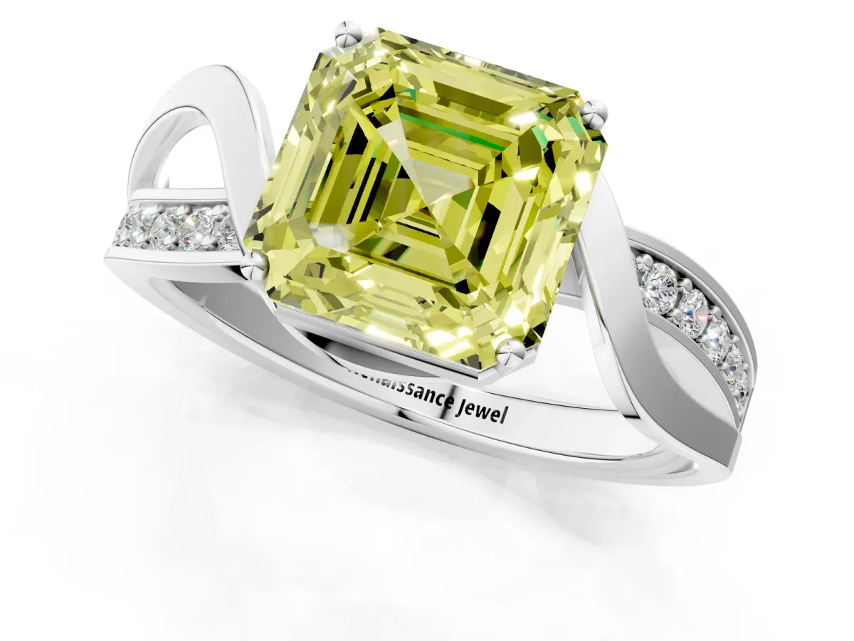 Fancy Yellow Asscher Cut Solitaire Twisted Band with Prong Setting Platinum