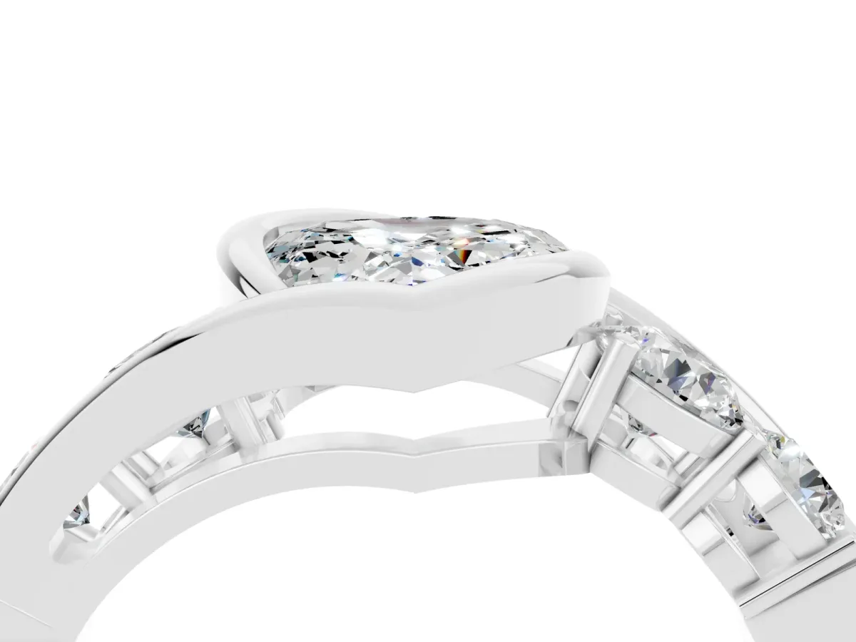 Bezel Set Heart Cut Moissanite Bypass Ring with Round Accents Silver
