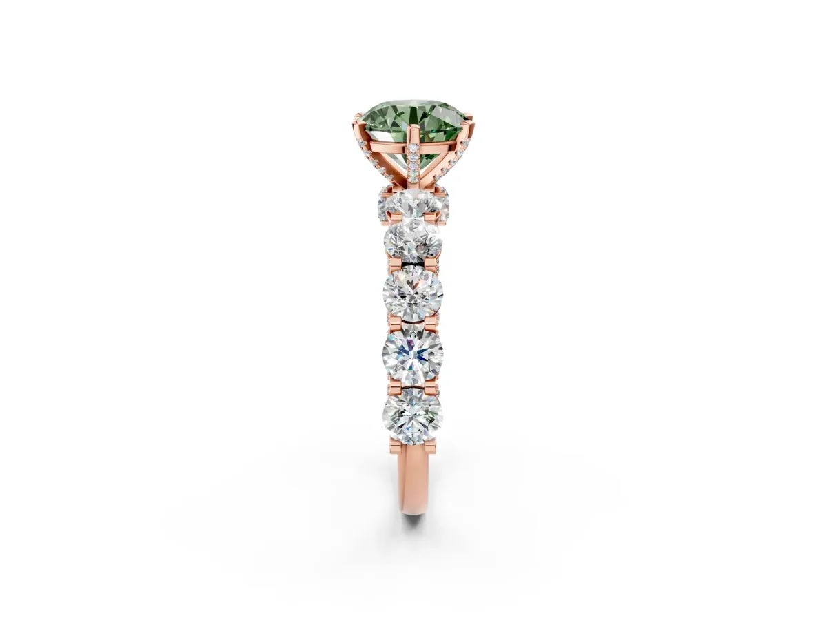 Fancy Green Round Cut Diamond Side Stone Engagement Ring with Four-Prong Setting Rose gold