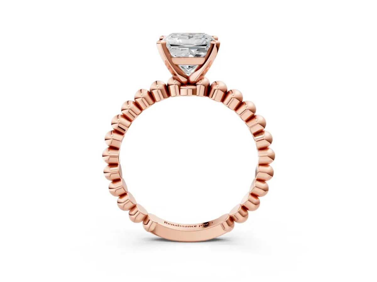 Princess Cut Diamond Solitaire Ring with Beaded Band and Prong Setting Rose gold