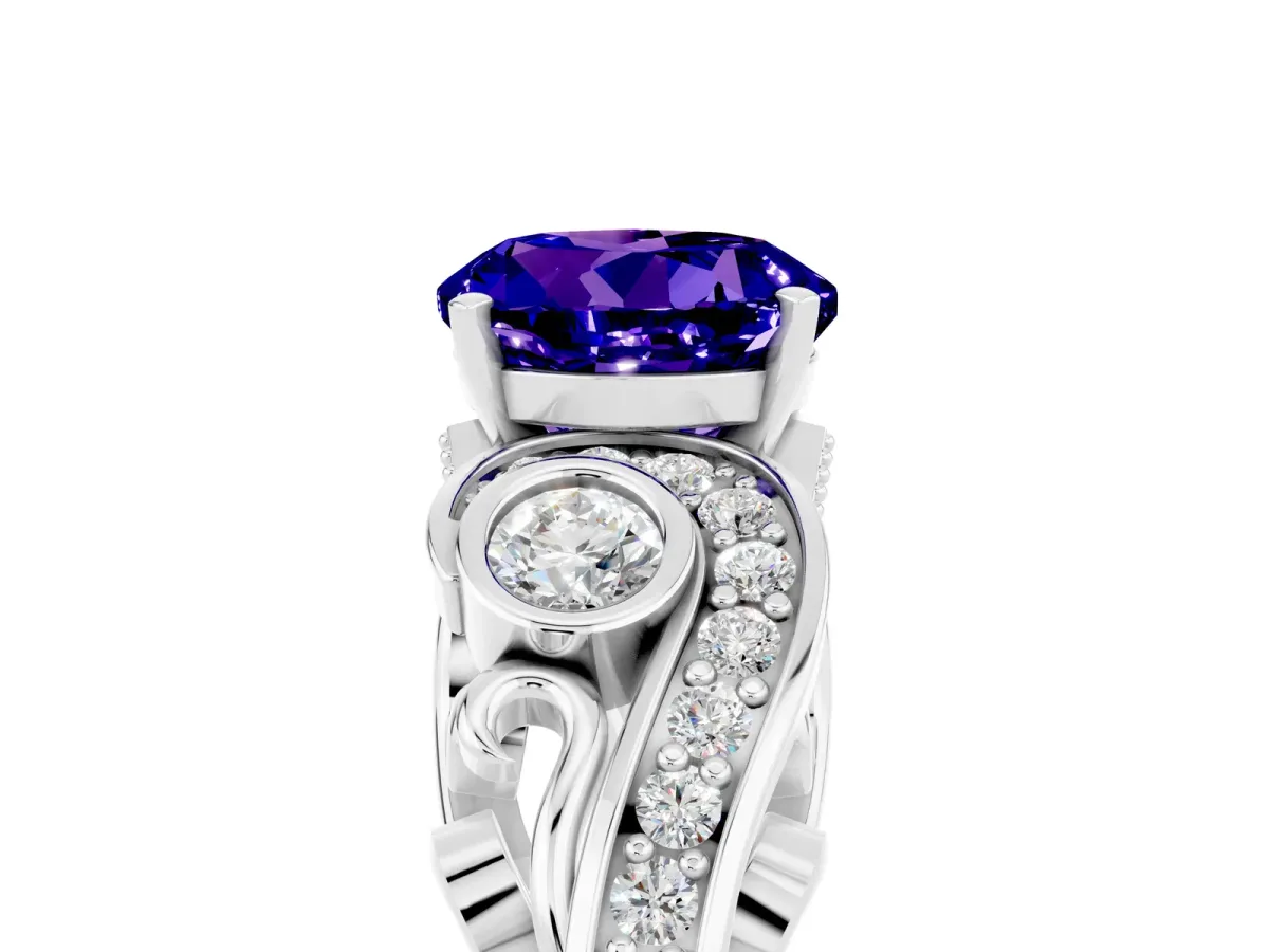 Round Cut Tanzanite Solitaire Ring with Milgrain Pavé Band and Four-Prong Setting Silver