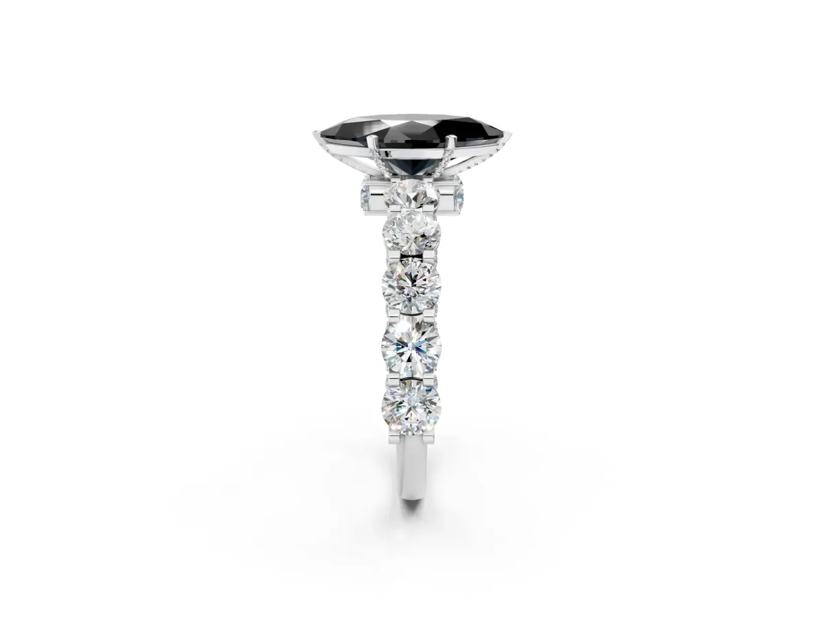 Fancy Black Marquise Cut Diamond Side Stone Engagement Ring with Four-Prong Setting White gold