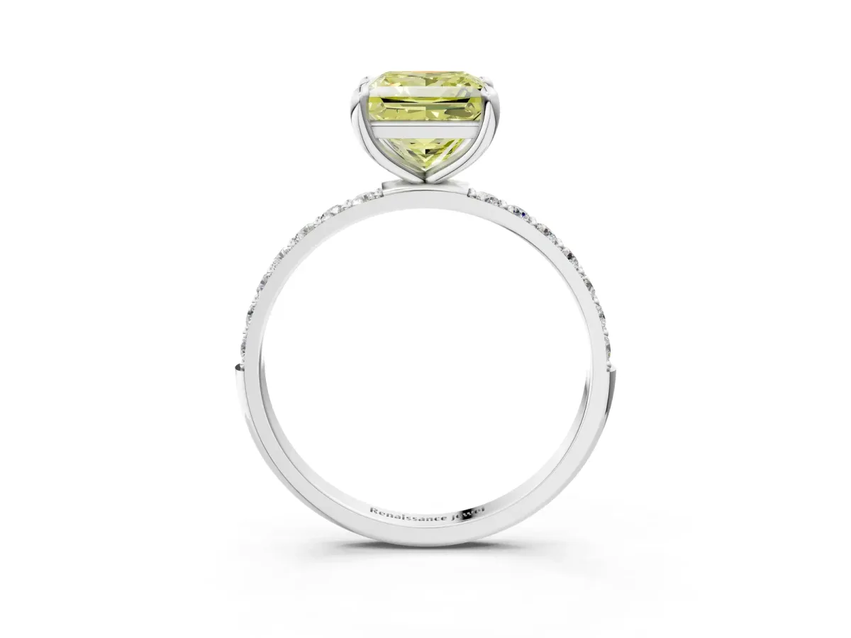 Fancy Yellow Princess Cut Diamond Solitaire Ring with Round Pavé Band and Prong Setting Silver