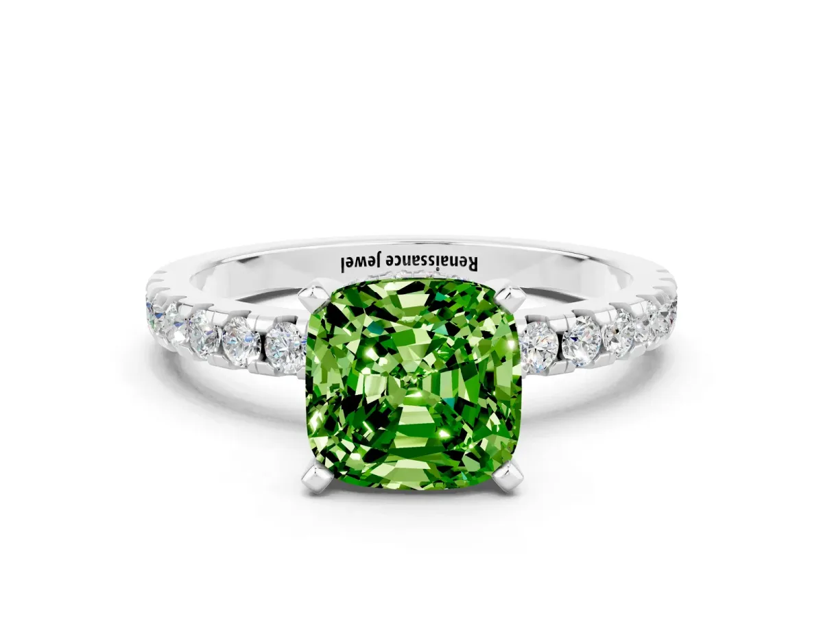Cushion Cut Peridot Solitaire Ring with Round Pavé Band and Four-Prong Setting Silver
