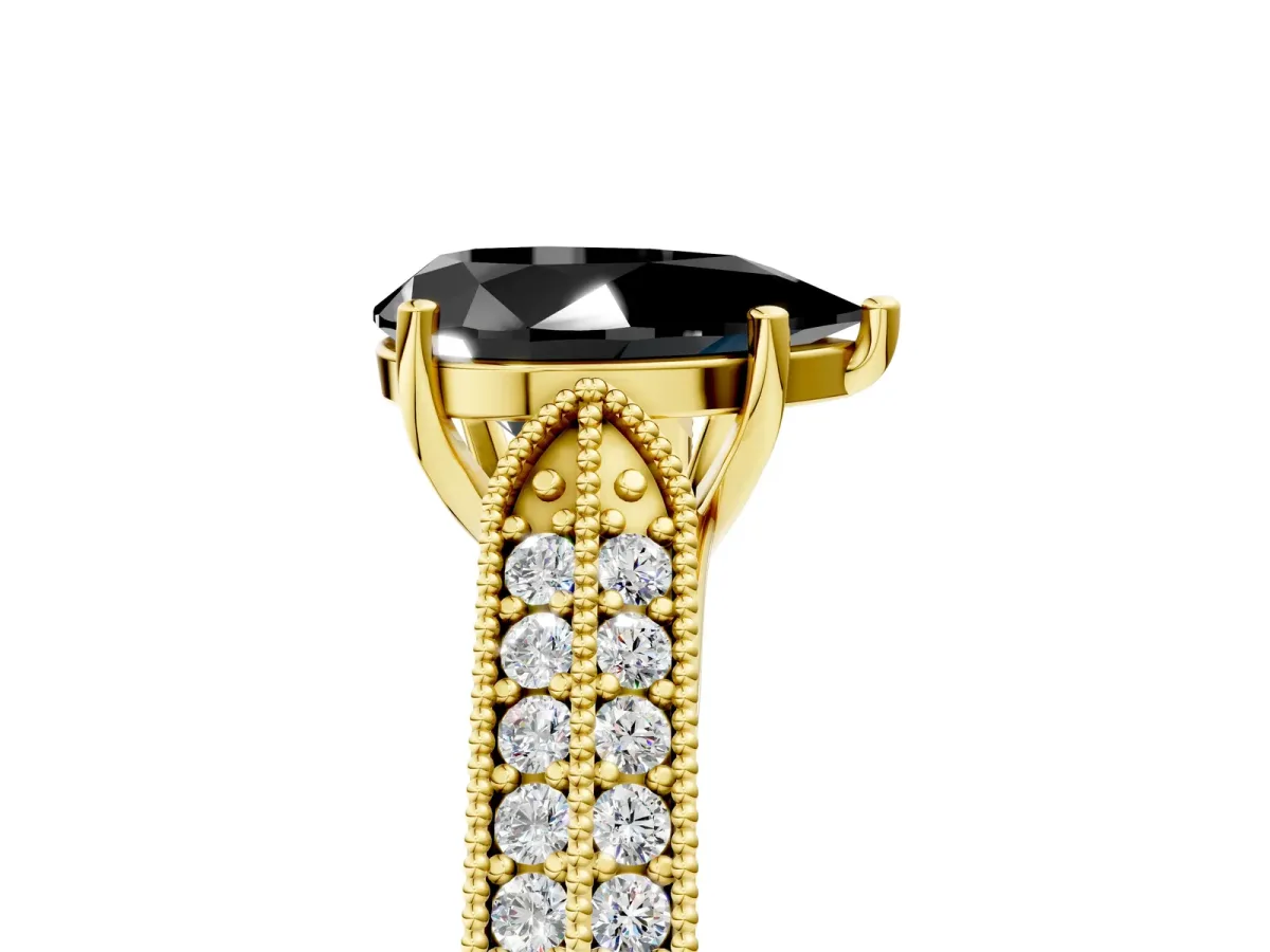 Fancy Black Pear Cut Cut Pave Split Shank Engagement Ring with Four-Prong Setting Yellow gold
