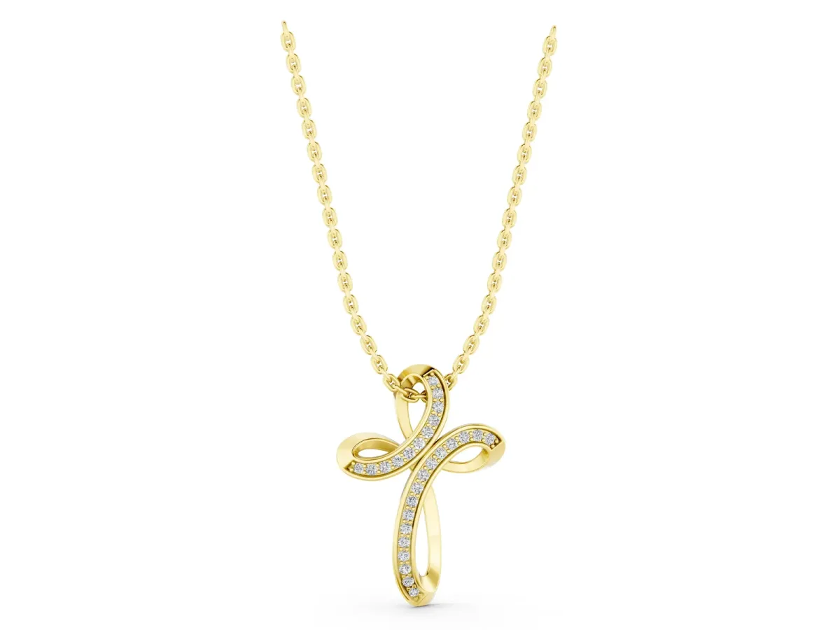 Pavé Round Diamond Prong Cross Pendant Yellow gold