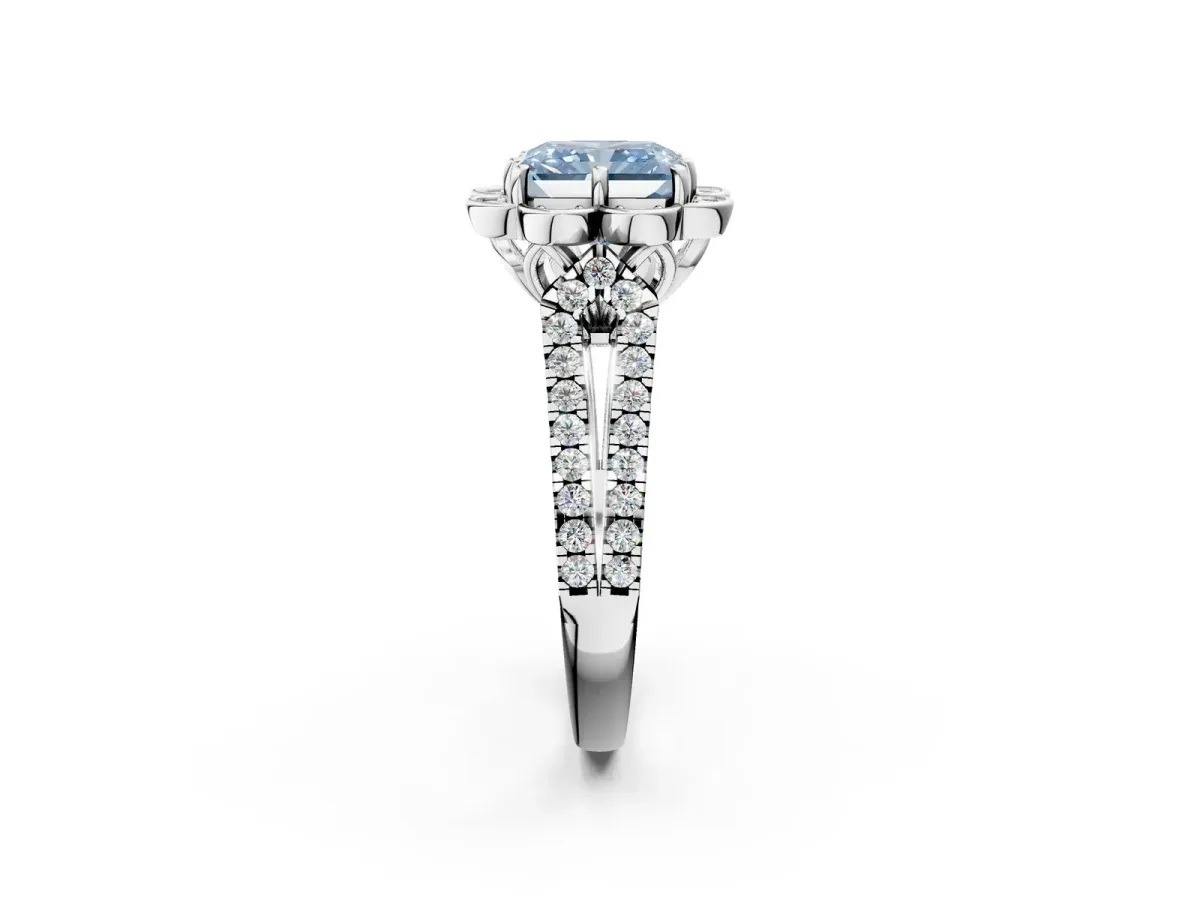 Fancy Blue Radiant Cut Halo Diamond Floral Split Shank Engagement Ring Platinum