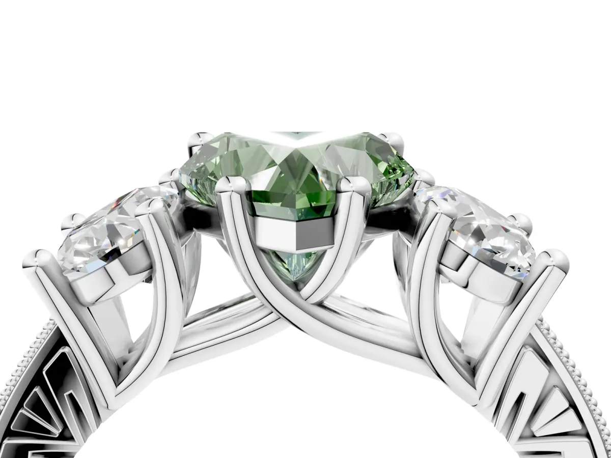 Fancy Green Three-Stone Heart Cut Diamond Milgrain Pave Band with Prong Setting Platinum