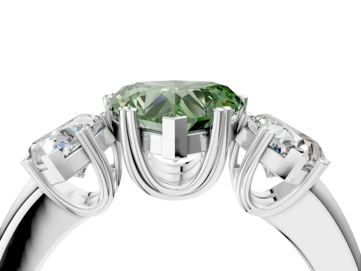 Fancy Green Three-Stone Heart Cut Cut Diamond Ring with Channel Set Band and Four-Prong Setting Silver