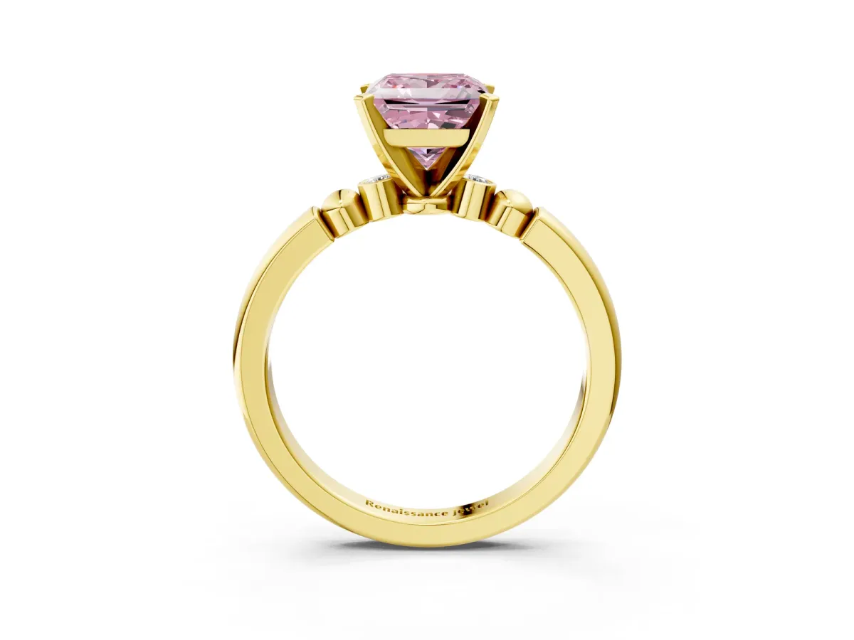 Fancy Pink Princess Cut Solitaire Beaded Band with Four-Prong Setting Yellow gold