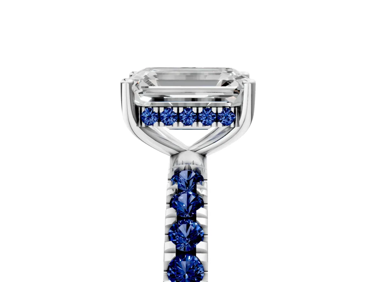 Emerald Cut Diamond Pave Band Solitaire Ring with Round Blue Sapphire and Prong Setting Silver
