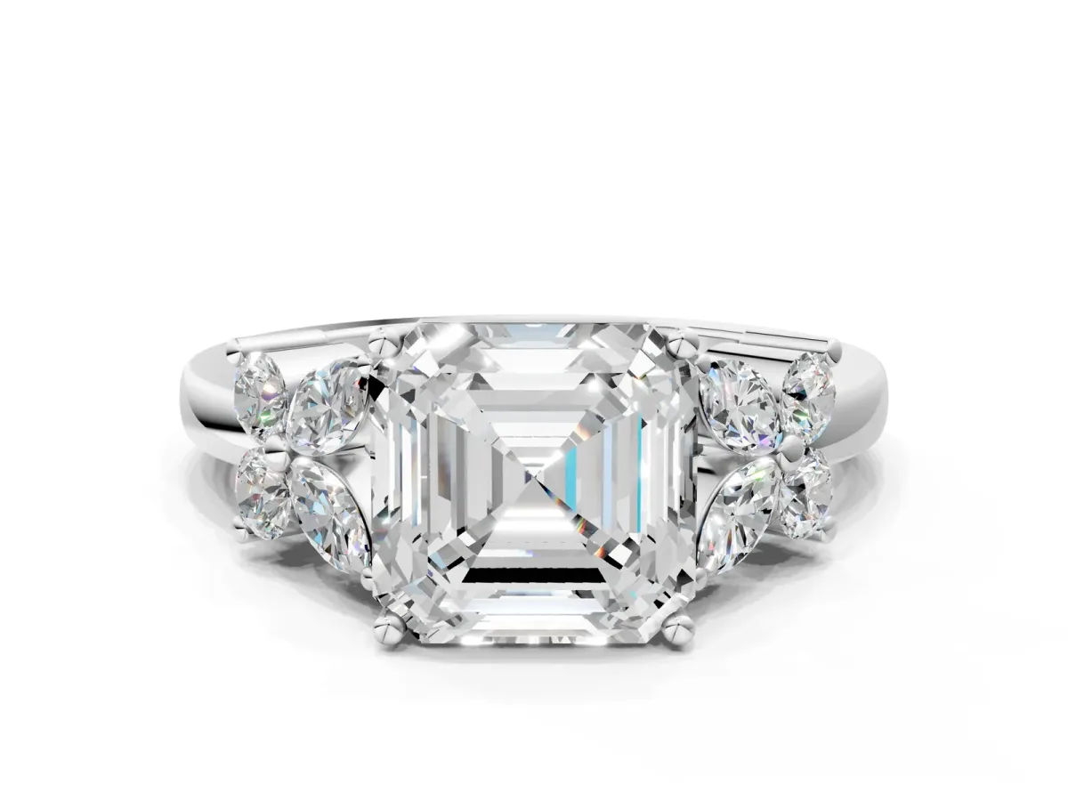 Asscher Cut Diamond Floral Cluster Ring with Solitaire Band and Prong Setting Platinum