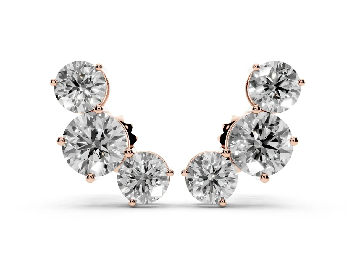 Round Cut Diamond Graduated Three-Stone Stud Earrings Rose gold
