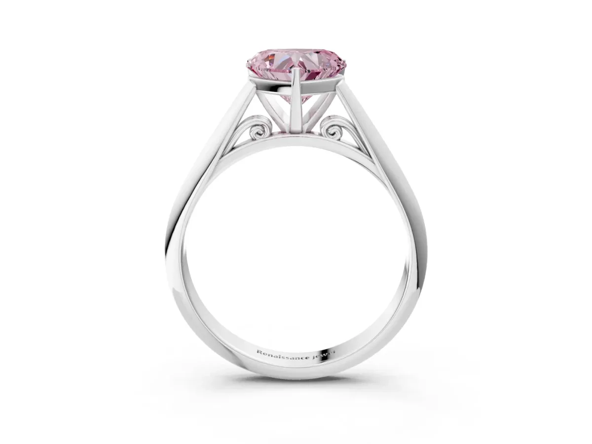 Fancy Pink Heart Cut Diamond Solitaire Engagement Ring with Cathedral Setting and Four-Prong Mount Silver