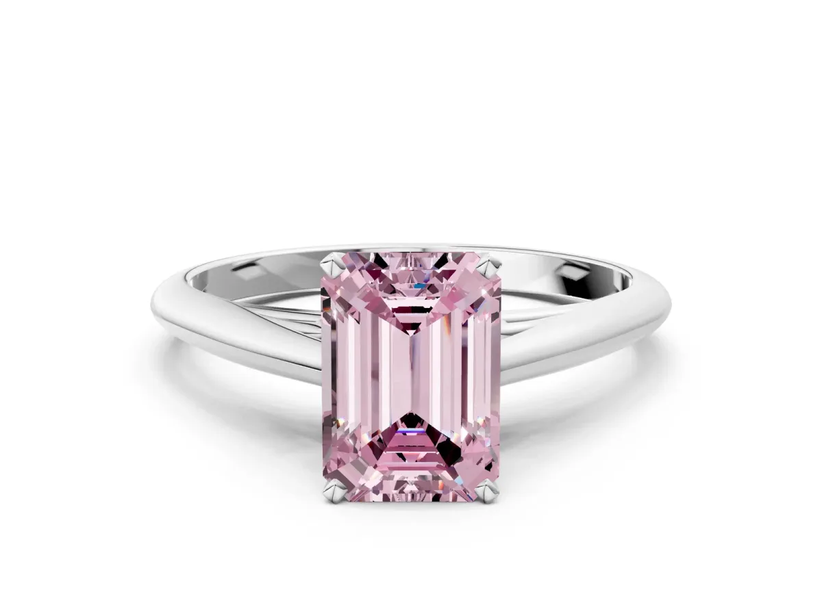 Fancy Pink Emerald Cut Diamond Solitaire Engagement Ring with Cathedral Setting and Four-Prong Mount White gold