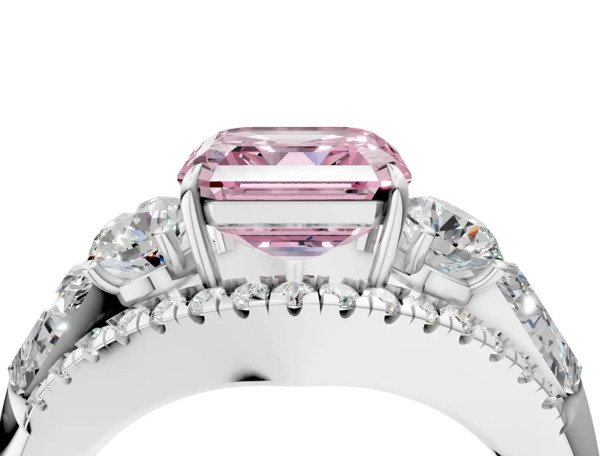 Fancy Pink Three-Stone Asscher Cut Diamond Engagement Ring with Pave Band and Prong Setting Platinum