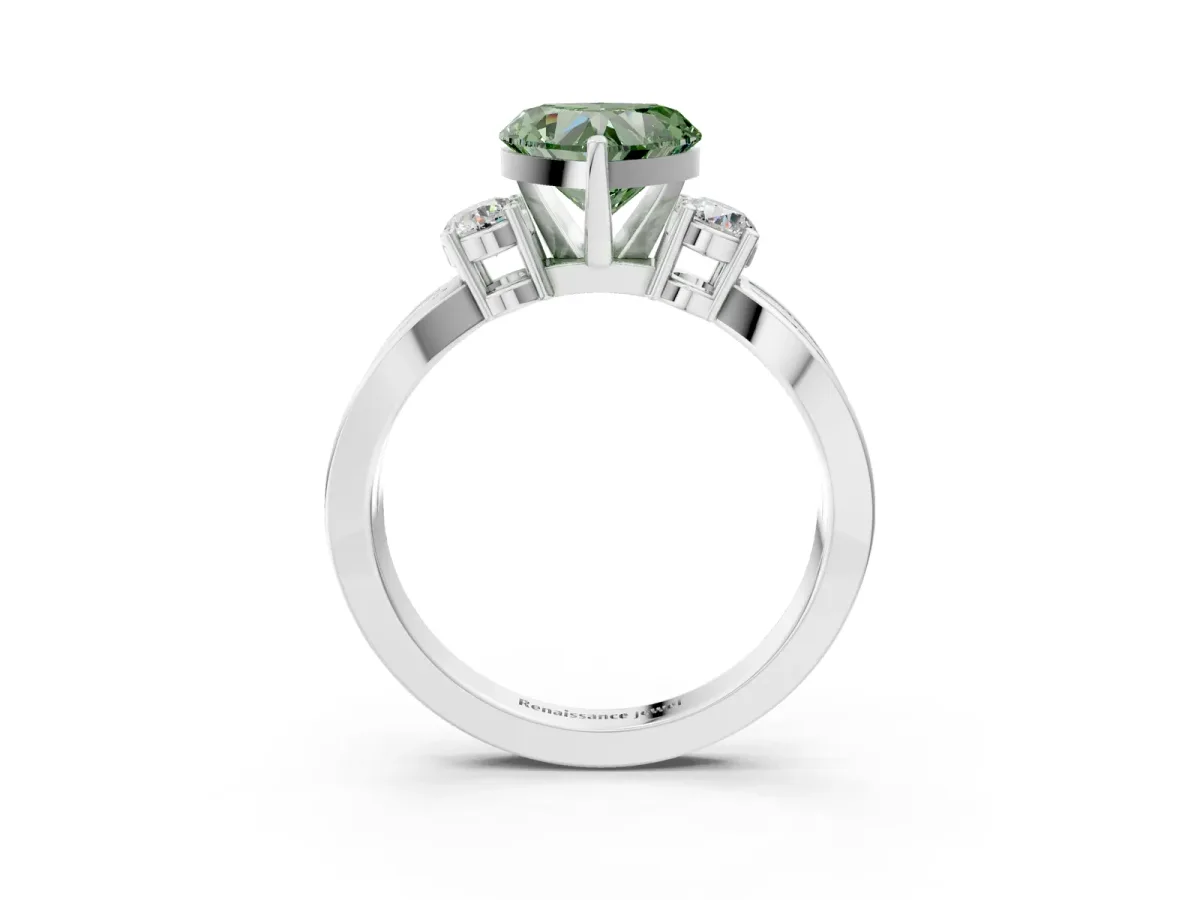 Fancy Green Three-Stone Heart Cut Cut Diamond Twist Band with Prong Setting Platinum