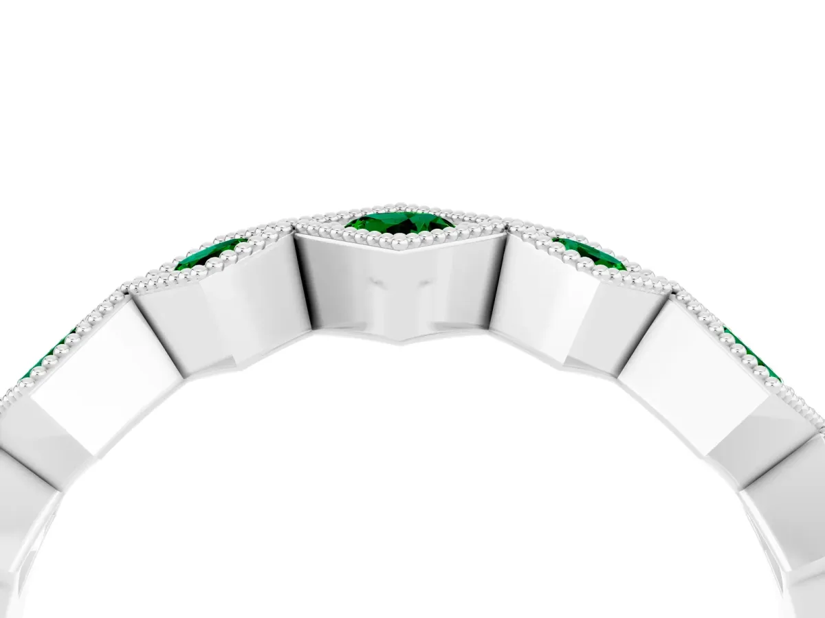 Milgrain Square Bezel Round Emerald Chevron Band White gold