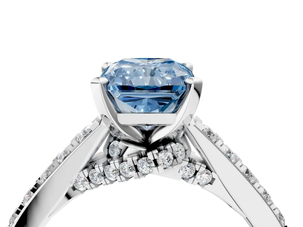 Fancy Blue Radiant Cut Diamond Solitaire Ring with Crossover Gallery and Round Pavé Band Silver