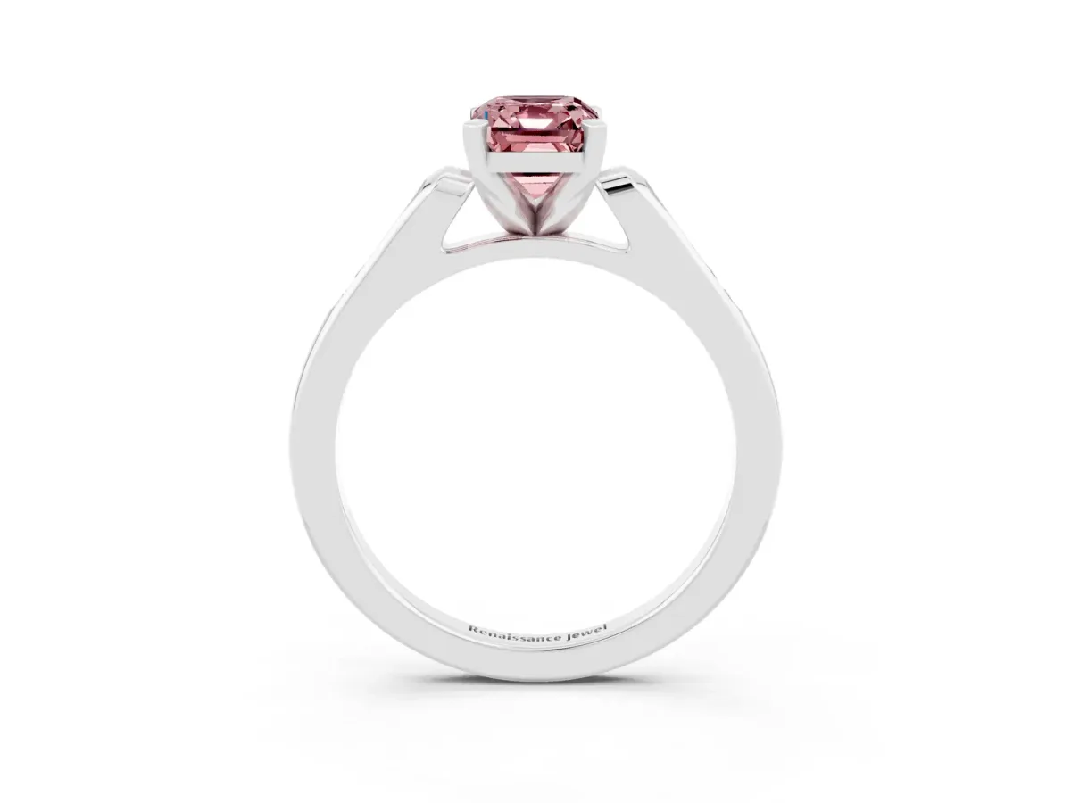 Emerald Cut Morganite Solitaire Ring with Channel Set Round Band and Prong Setting Silver