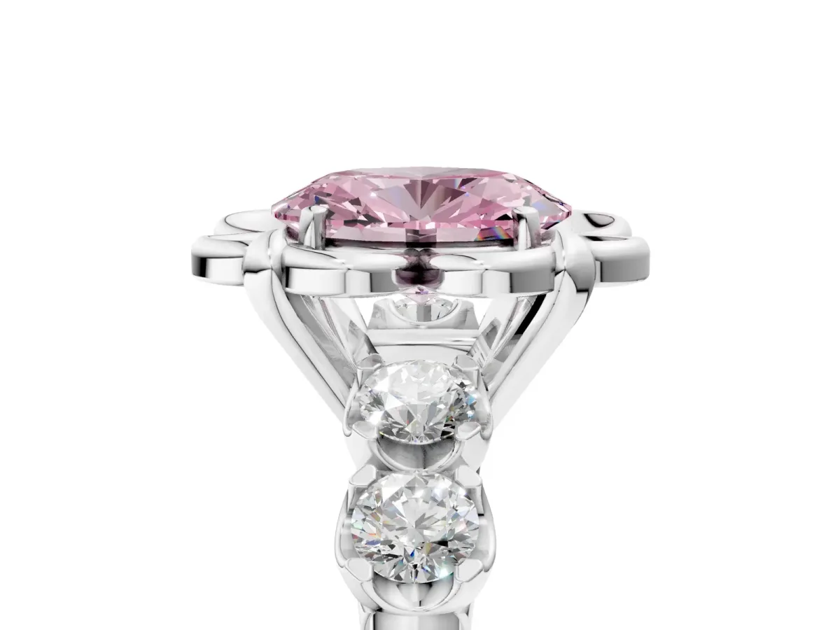 Fancy Pink Oval Cut Cut Diamond Floral Halo Engagement Ring with Shared Prong Setting Silver