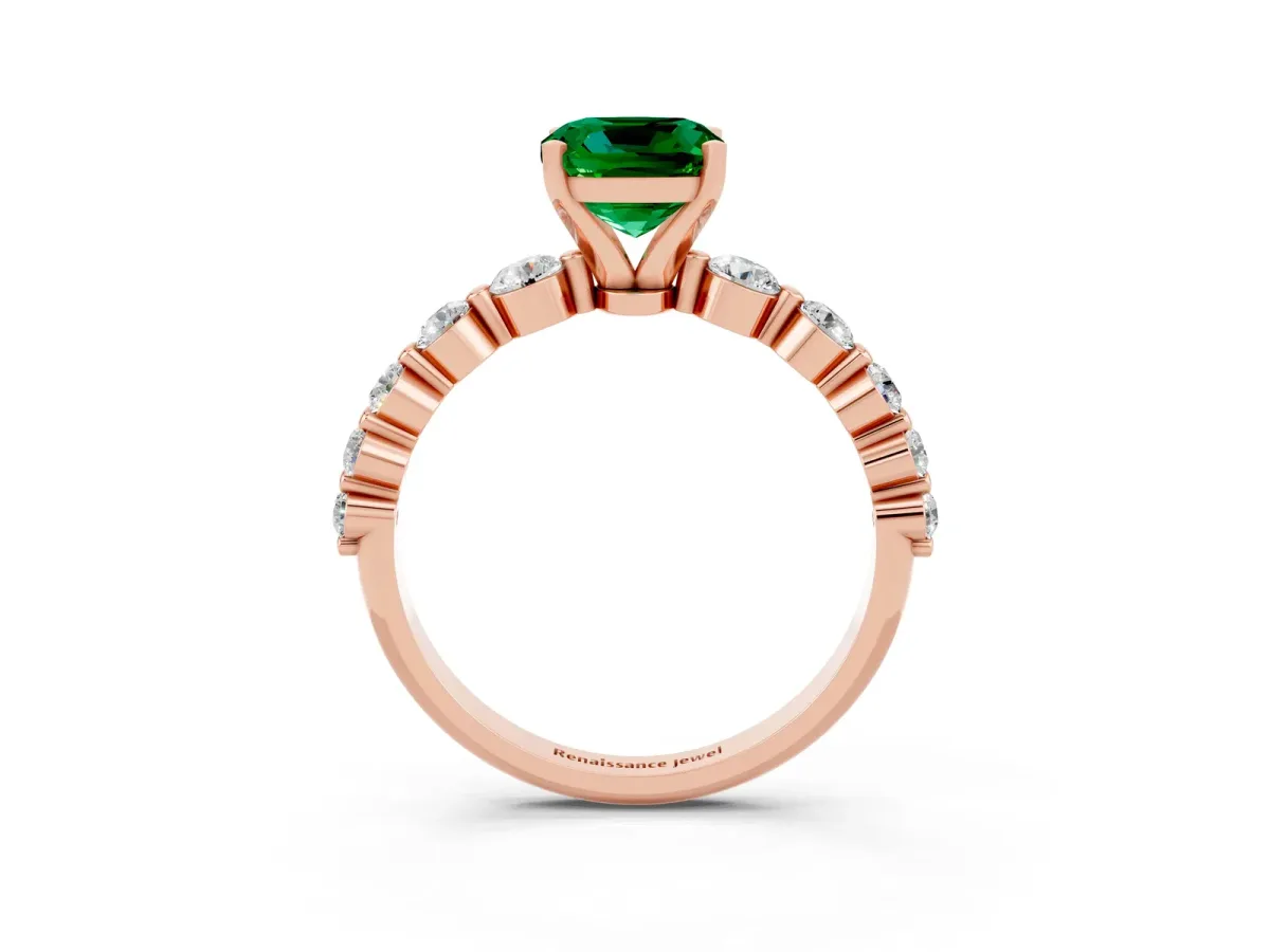 Cushion Cut Solitaire Emerald Ring with Pave Band and Four-Prong Setting Rose gold