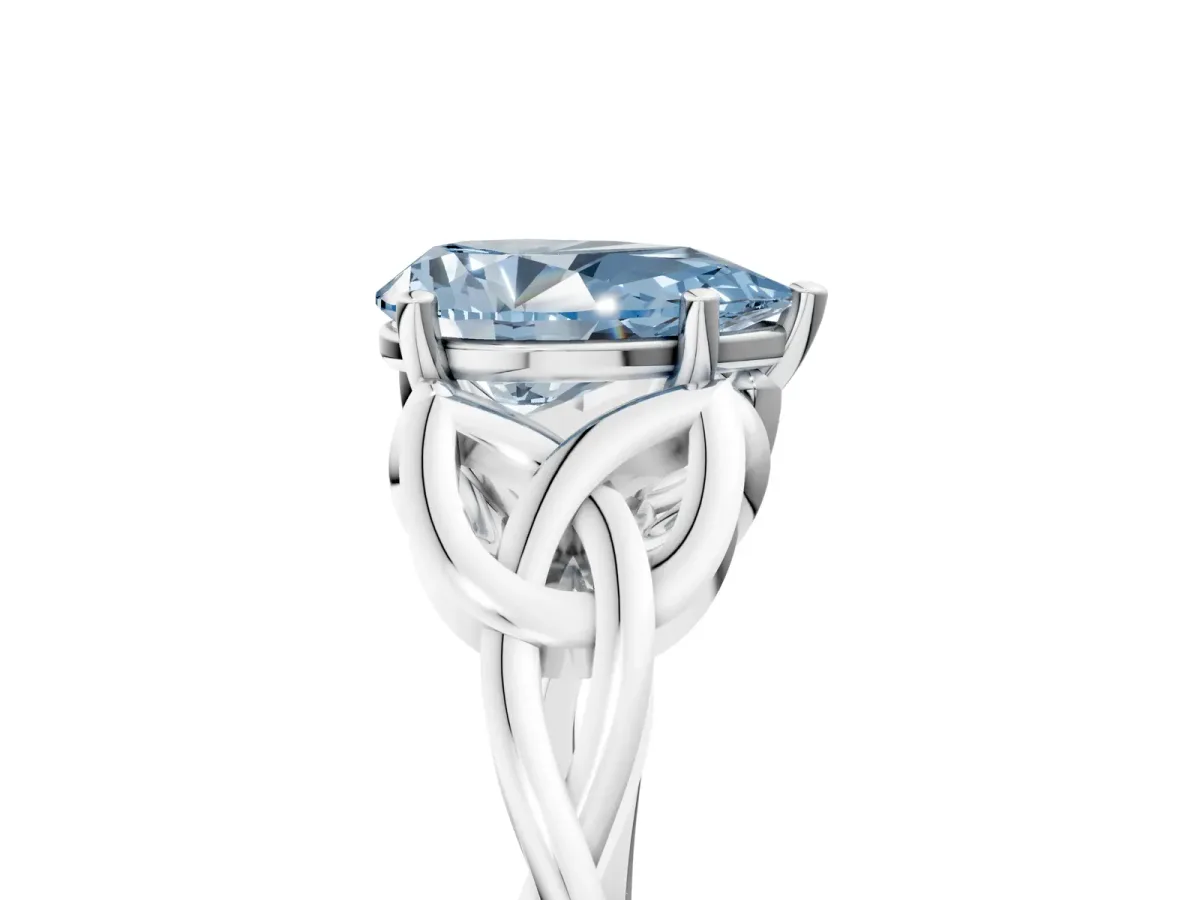 Fancy Blue Pear Cut Diamond Solitaire Celtic Knot Ring with Four-Prong Setting White gold