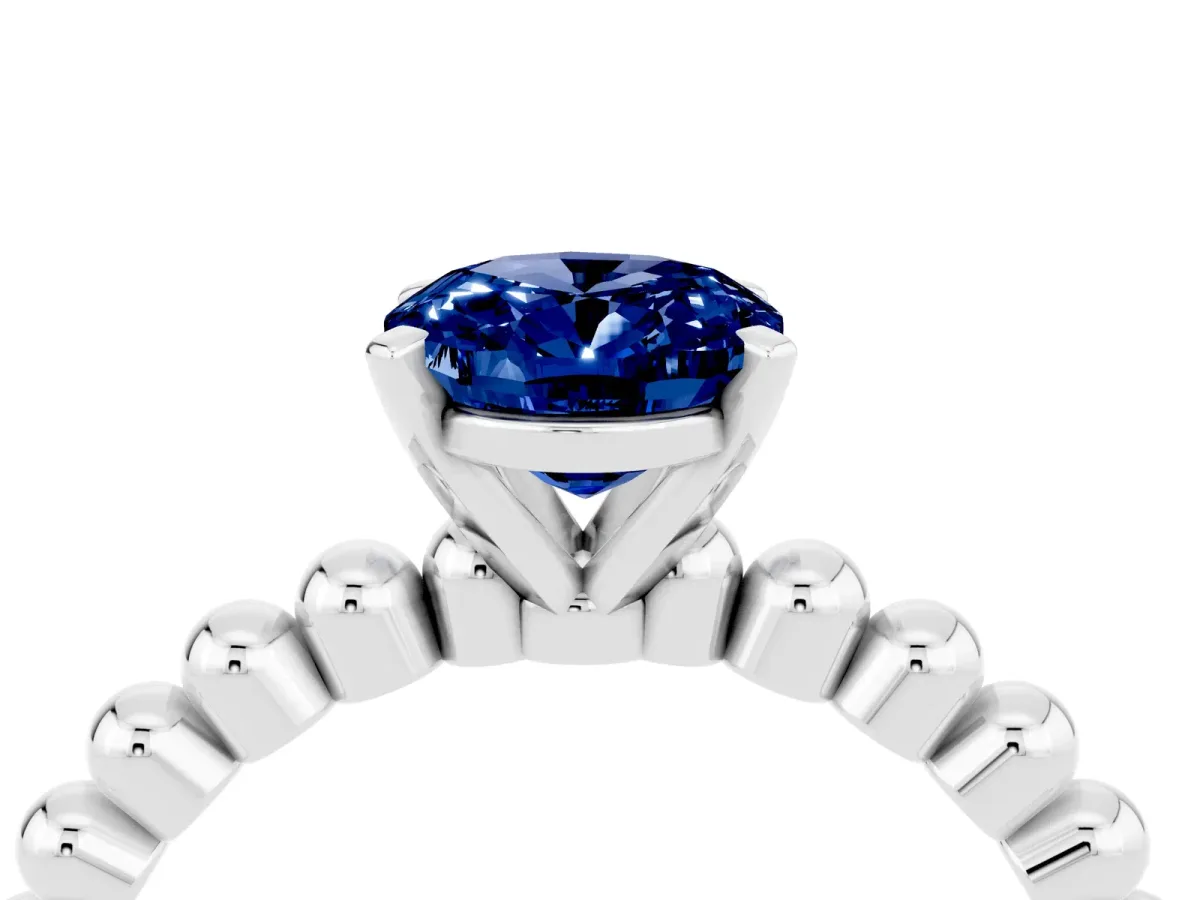 Oval Cut Blue Sapphire Solitaire Ring with Beaded Band and Prong Setting Silver