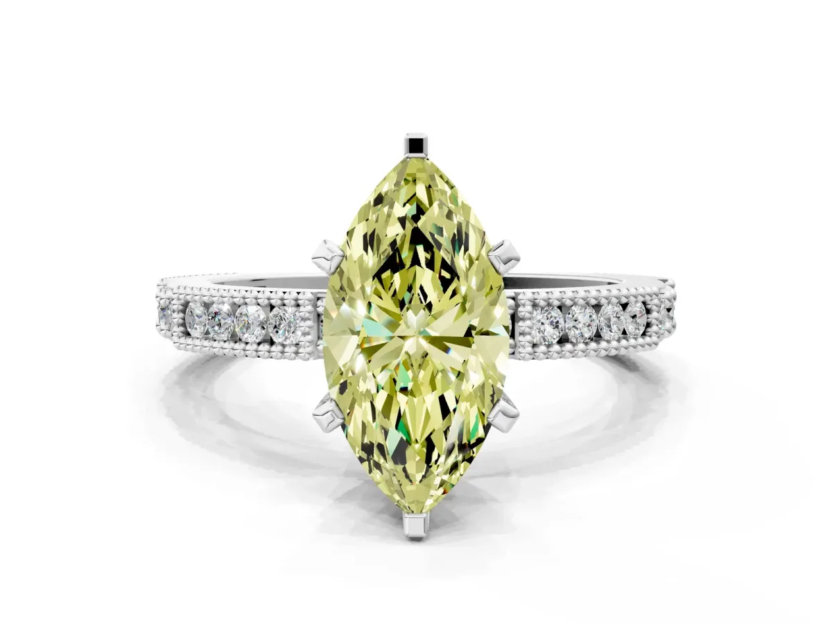 Fancy Yellow Marquise Cut Solitaire with Pavé Band and Four-Prong Setting Silver