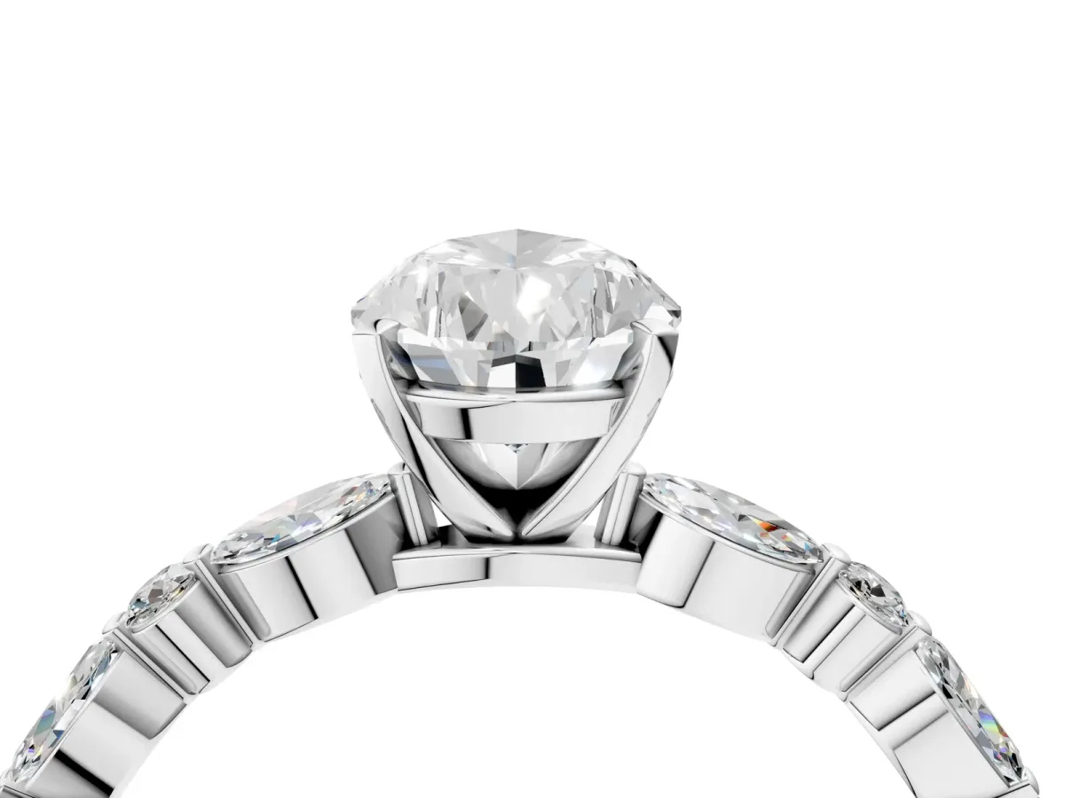 Pear Cut Diamond Ring with Marquise and Round Side Stones and Four-Prong Setting Silver