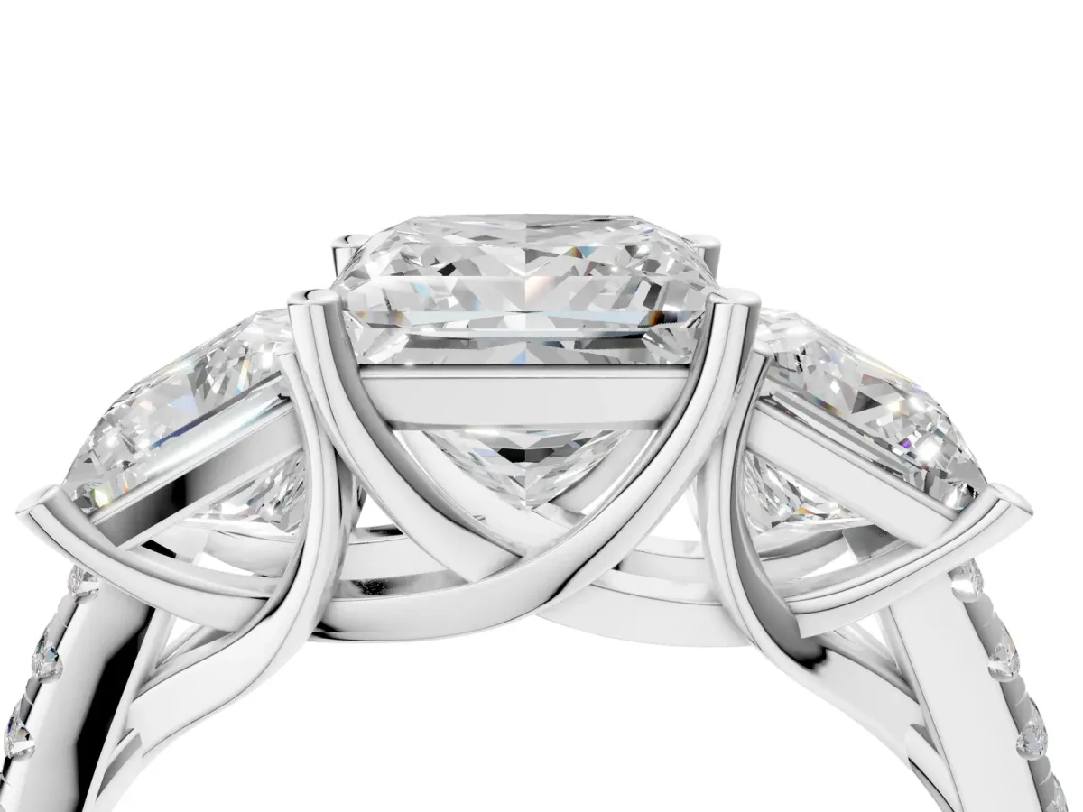 Three-Stone Princess Cut Diamond Ring with Round Moissanite Pavé Band and Prong Setting Silver