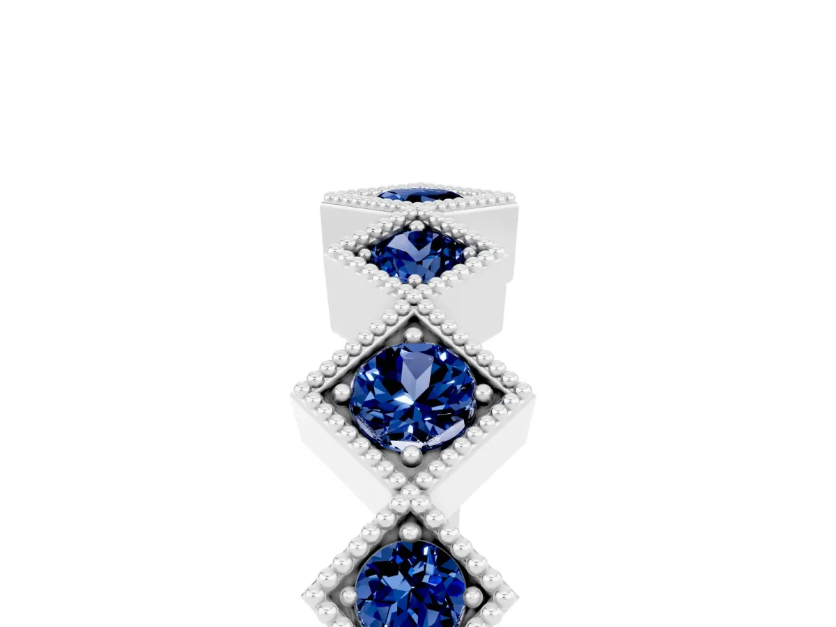 Milgrain Square Bezel Round Blue Sapphire Chevron Band White gold