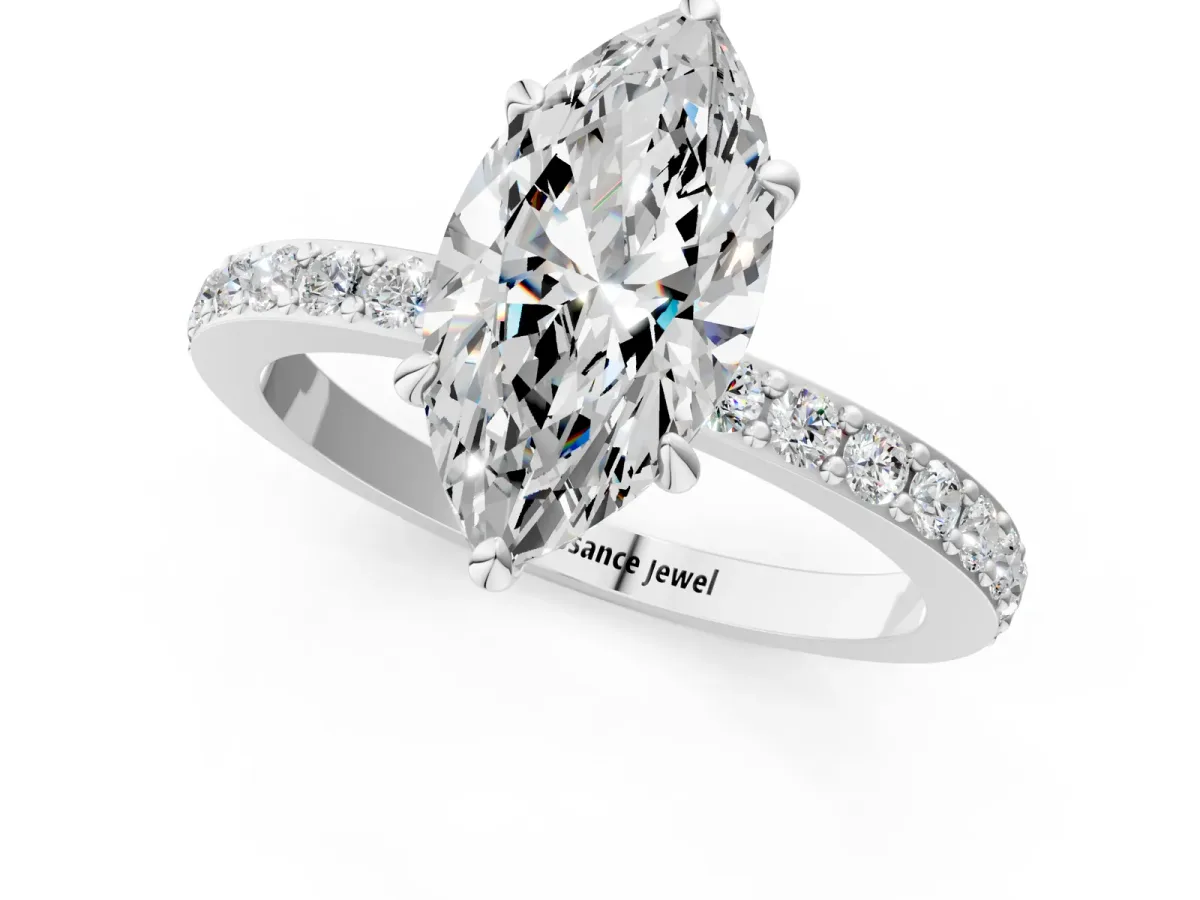 Marquise Cut Diamond Solitaire Engagement Ring with Pavé Band and Four-Prong Setting Silver