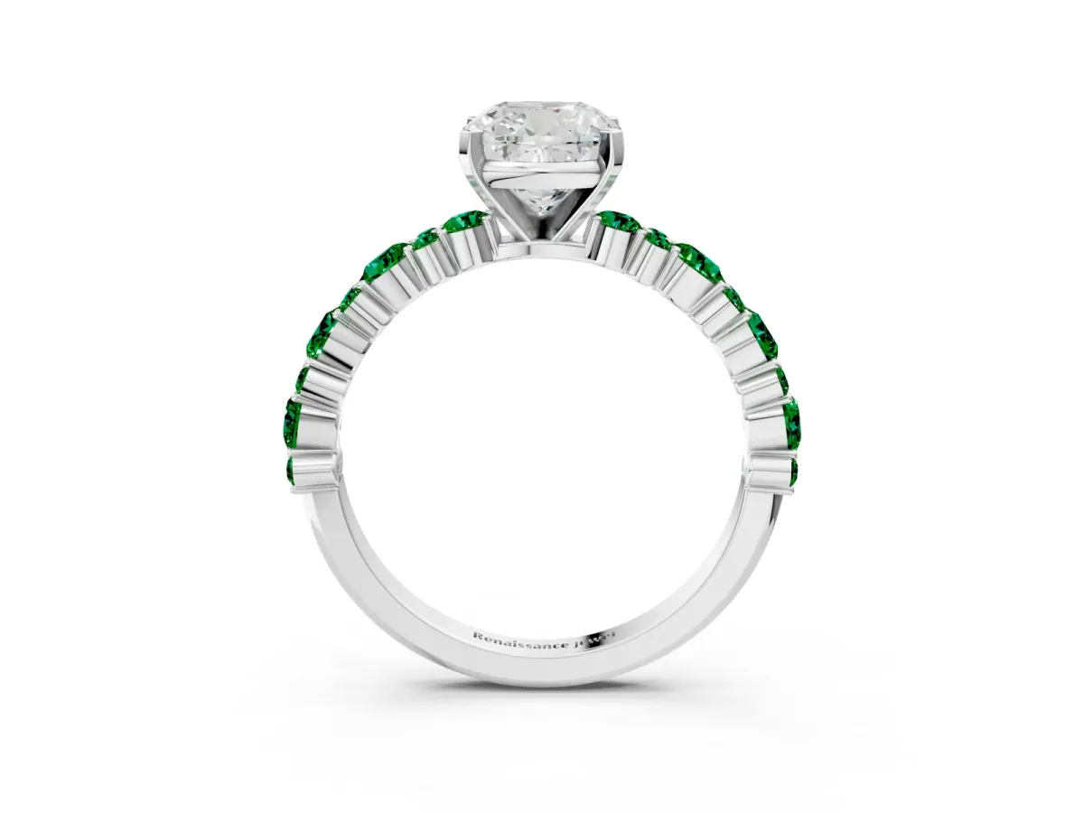 Cushion Cut Diamond Side Stone Solitaire Ring with Round Emerald and Four-Prong Setting White gold