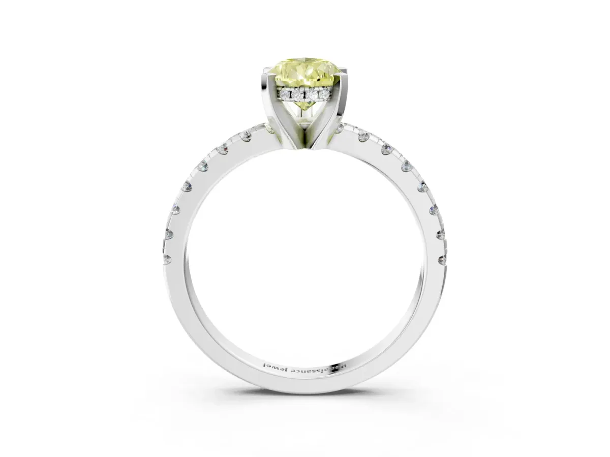 Fancy Yellow Pear Cut Diamond Solitaire Ring with Round Pavé Band and Four-Prong Setting Silver
