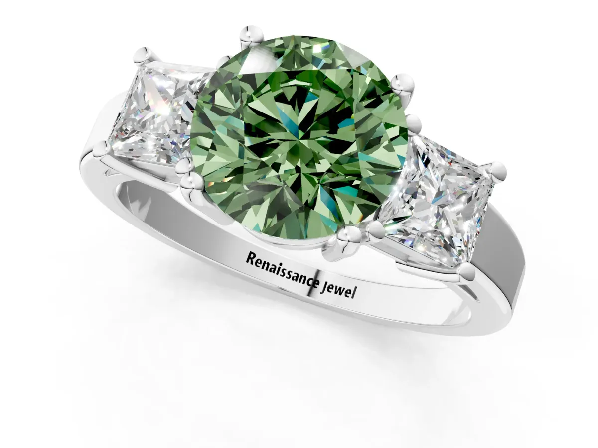 Fancy Green Three-Stone Round Cut Cut Solitaire Ring with Prong Setting White gold