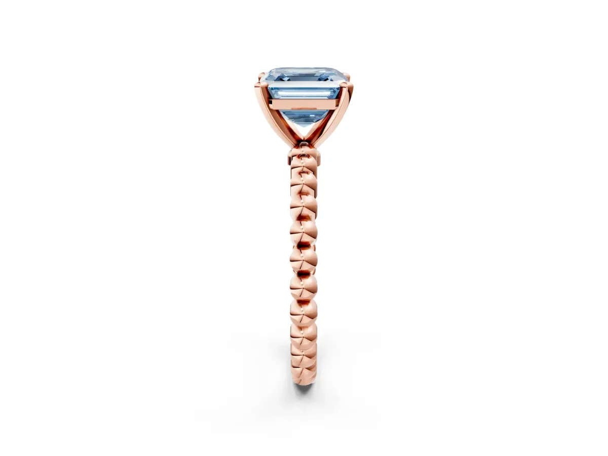 Fancy Blue Asscher Cut Diamond Solitaire Ring with Beaded Band and Prong Setting Rose gold