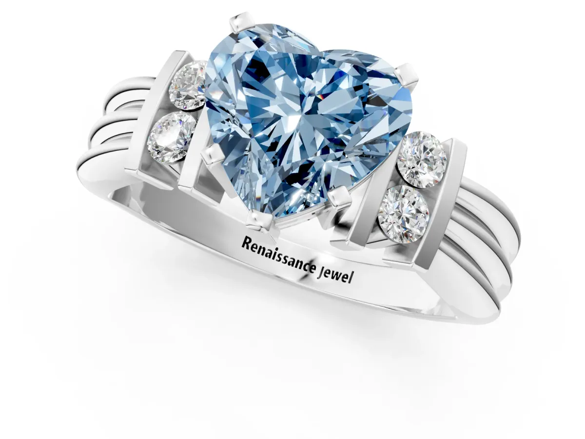 Fancy Blue Heart Cut Cut Three-Stone Channel Set Ring with Bar Prongs Platinum