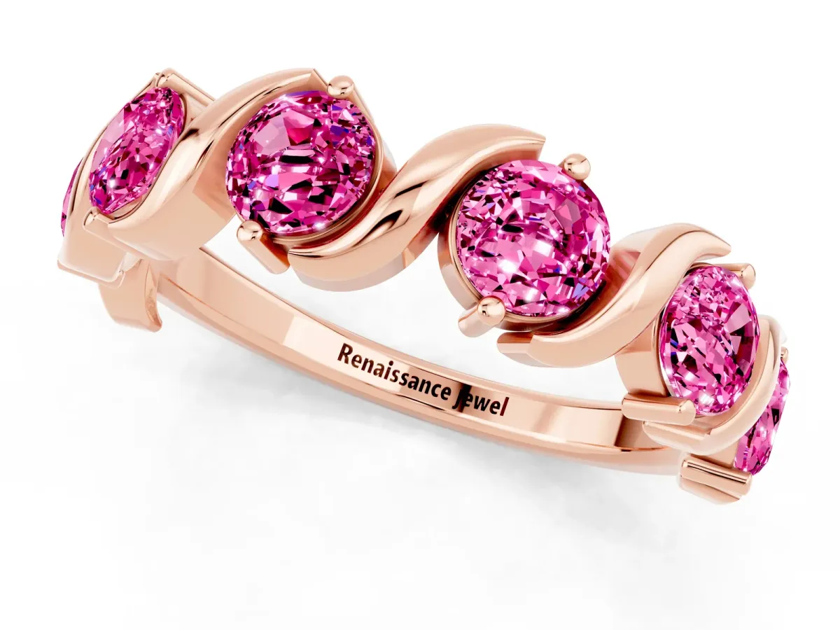 Six-Stone Round Pink Sapphire Wave Band with Shared Prong Setting Rose gold
