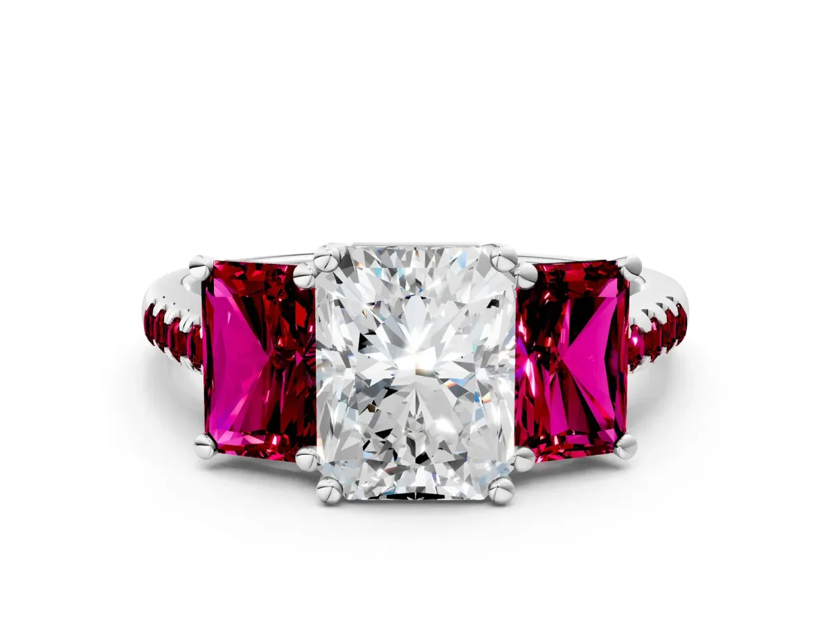 Three-Stone Radiant Cut Diamond Ring with Round Garnet Pavé Band and Prong Setting Silver