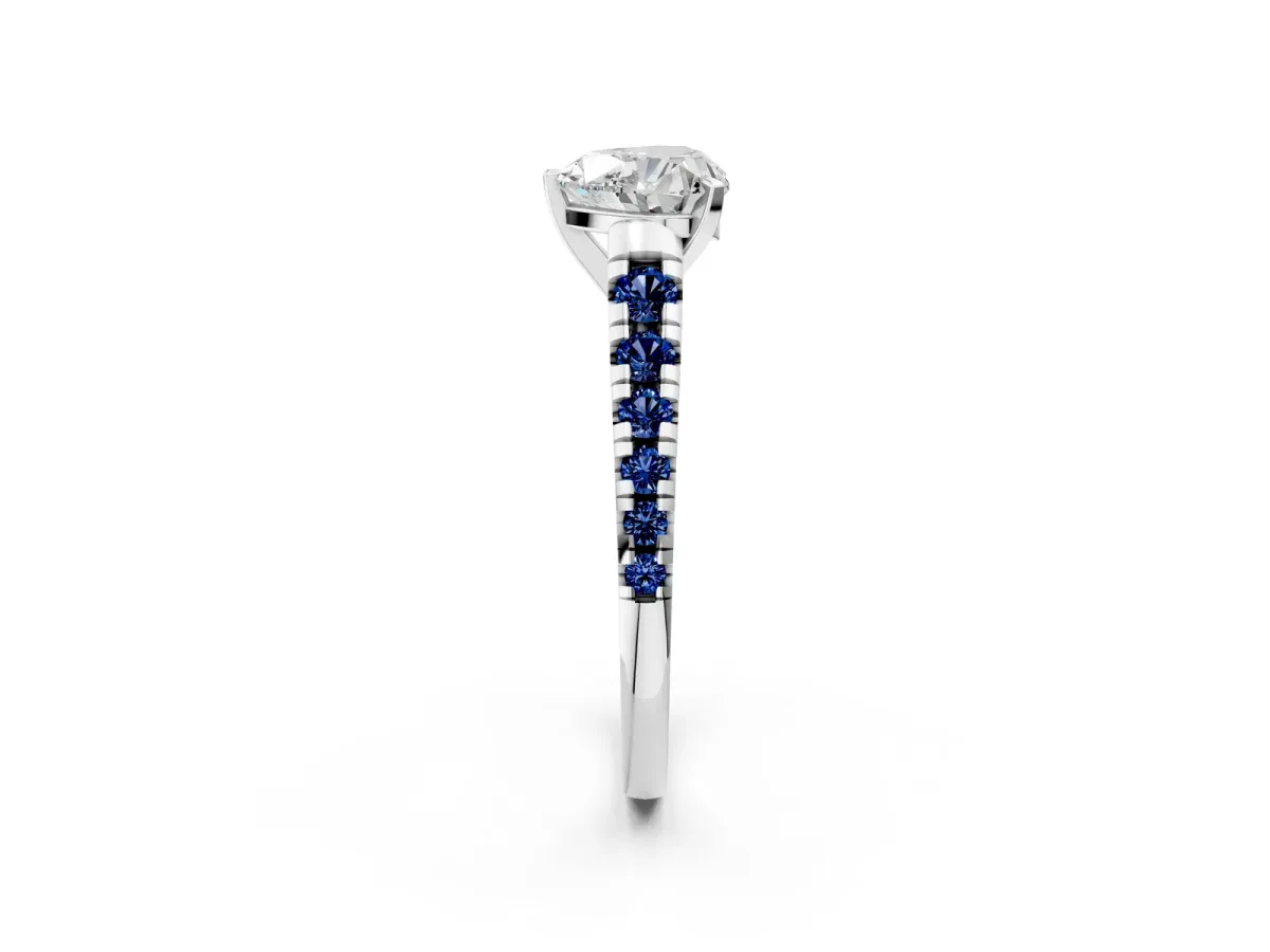 Heart Cut Diamond Cathedral Solitaire Ring with Round Blue Sapphire Pavé Band Silver
