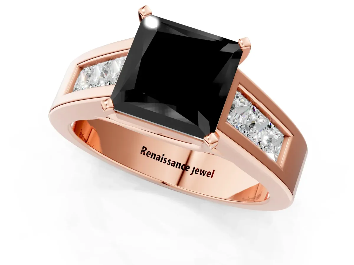 Fancy Black Princess Cut Cut Channel Set Solitaire Ring with Four-Prong Setting Rose gold