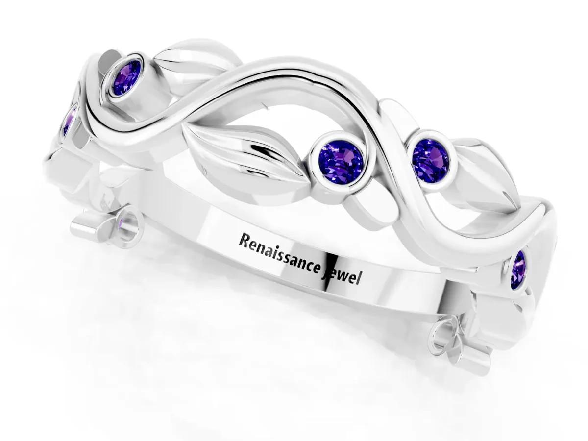 Round Tanzanite Leaf Eternity Band with Bezel Setting White gold