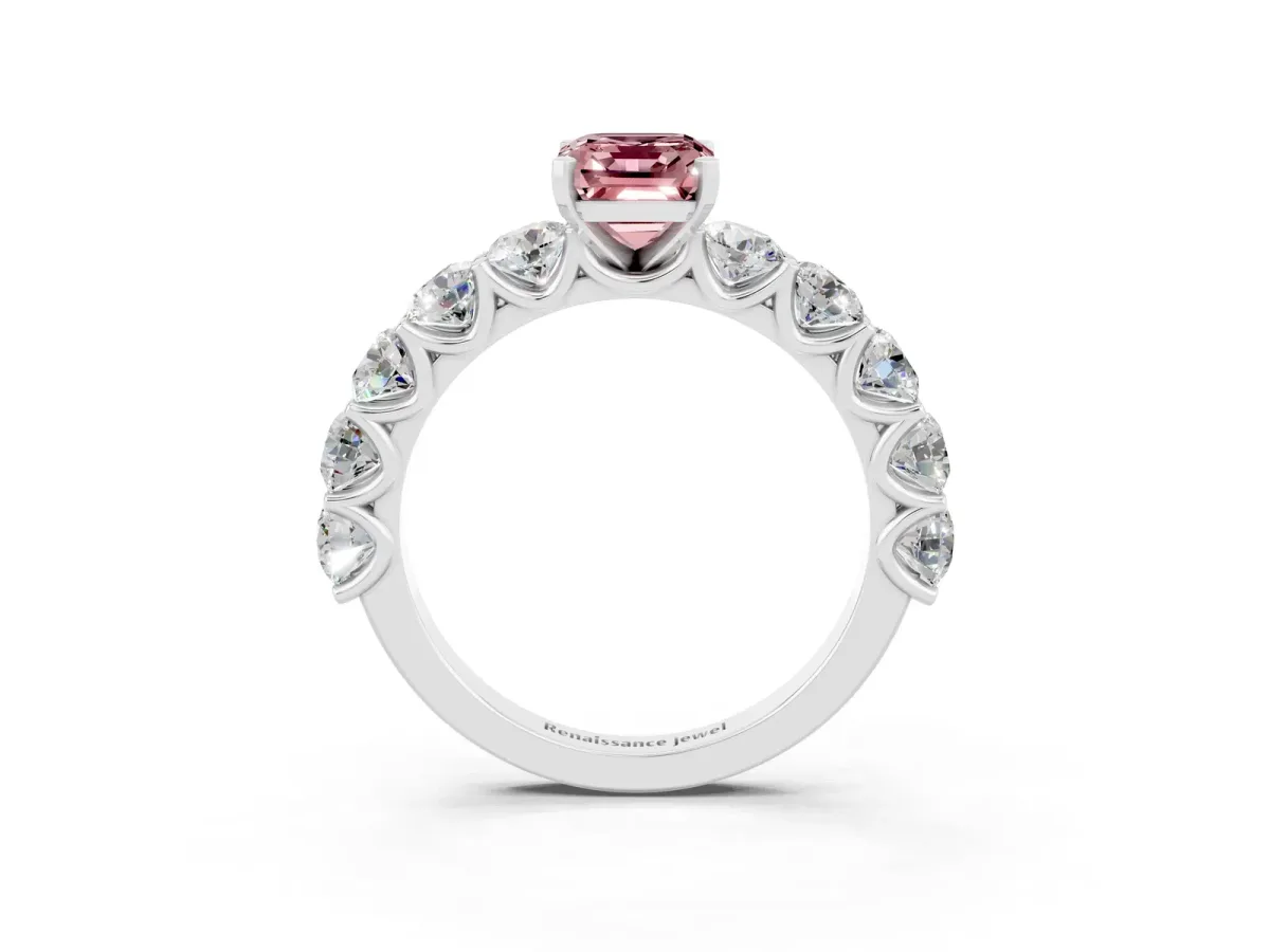 Emerald Cut Morganite Prong Setting with Side Stones on a Pave Band Platinum