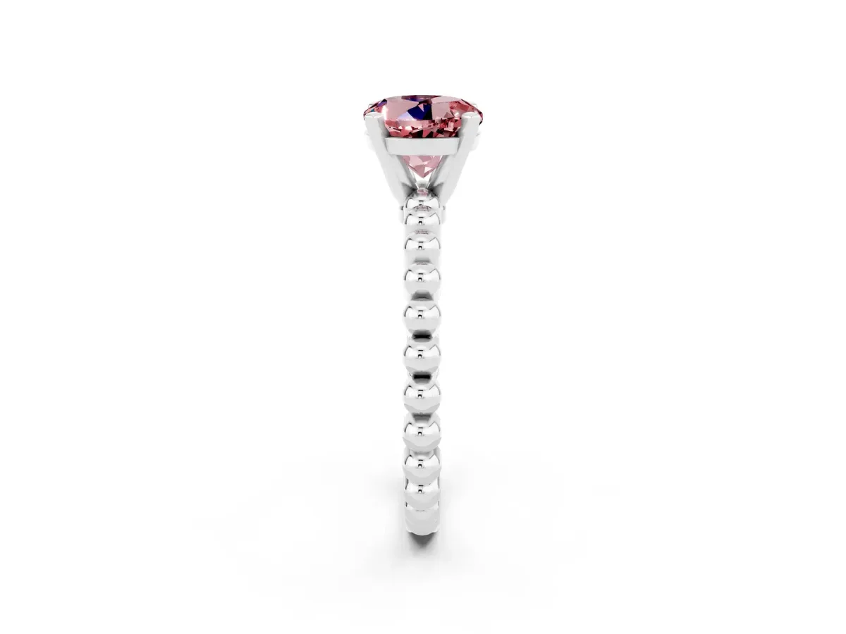 Round Cut Morganite Solitaire Ring with Beaded Band and Prong Setting Platinum
