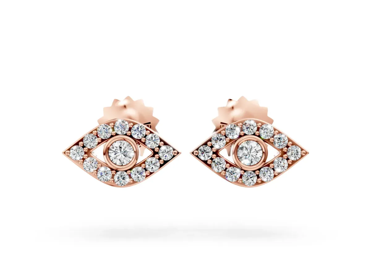 Round Diamond Bezel Center Evil Eye Stud Earrings Rose gold